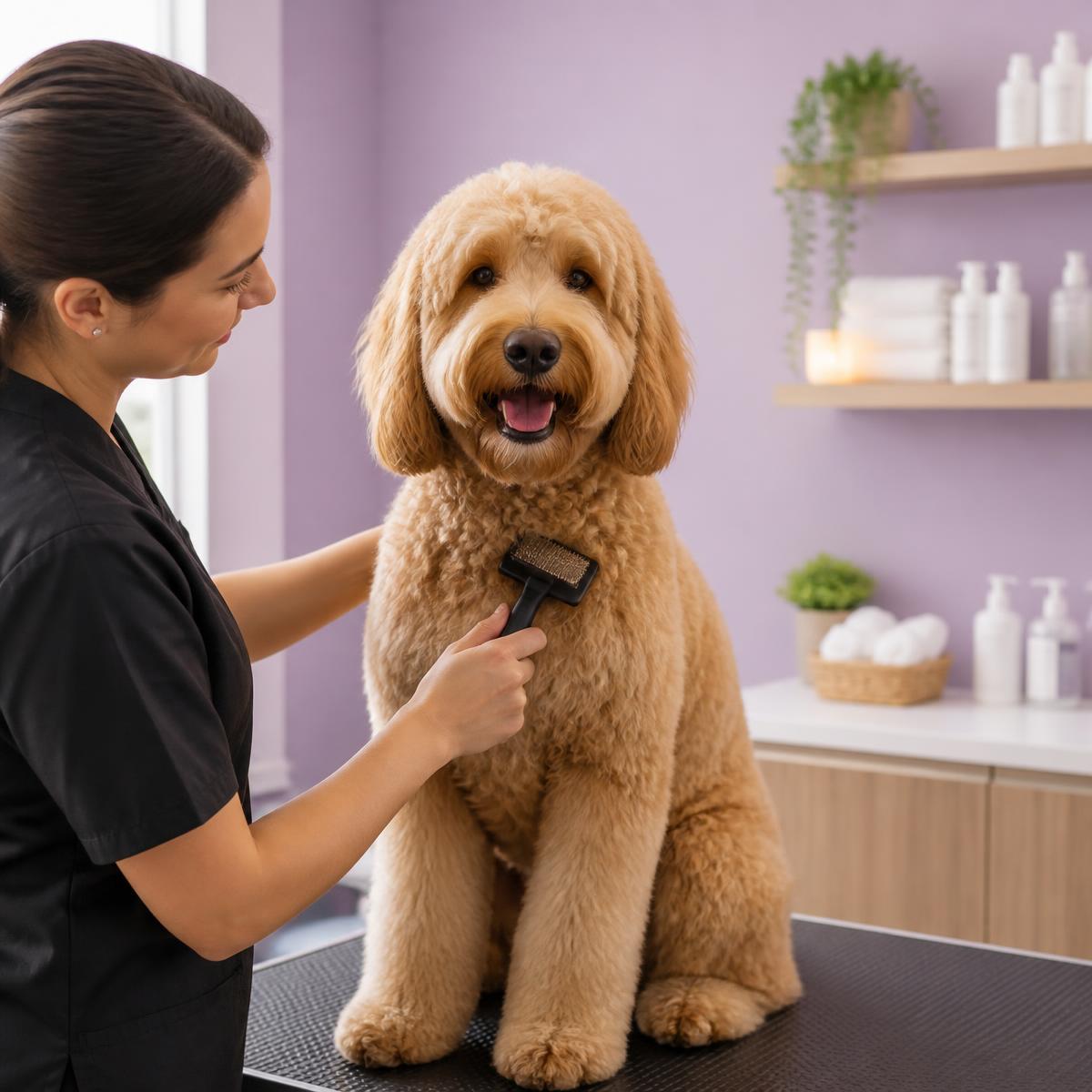 Profissional escovando com carinho um cachorro em salão de banho e tosa da Pet Shower em Montes Claros