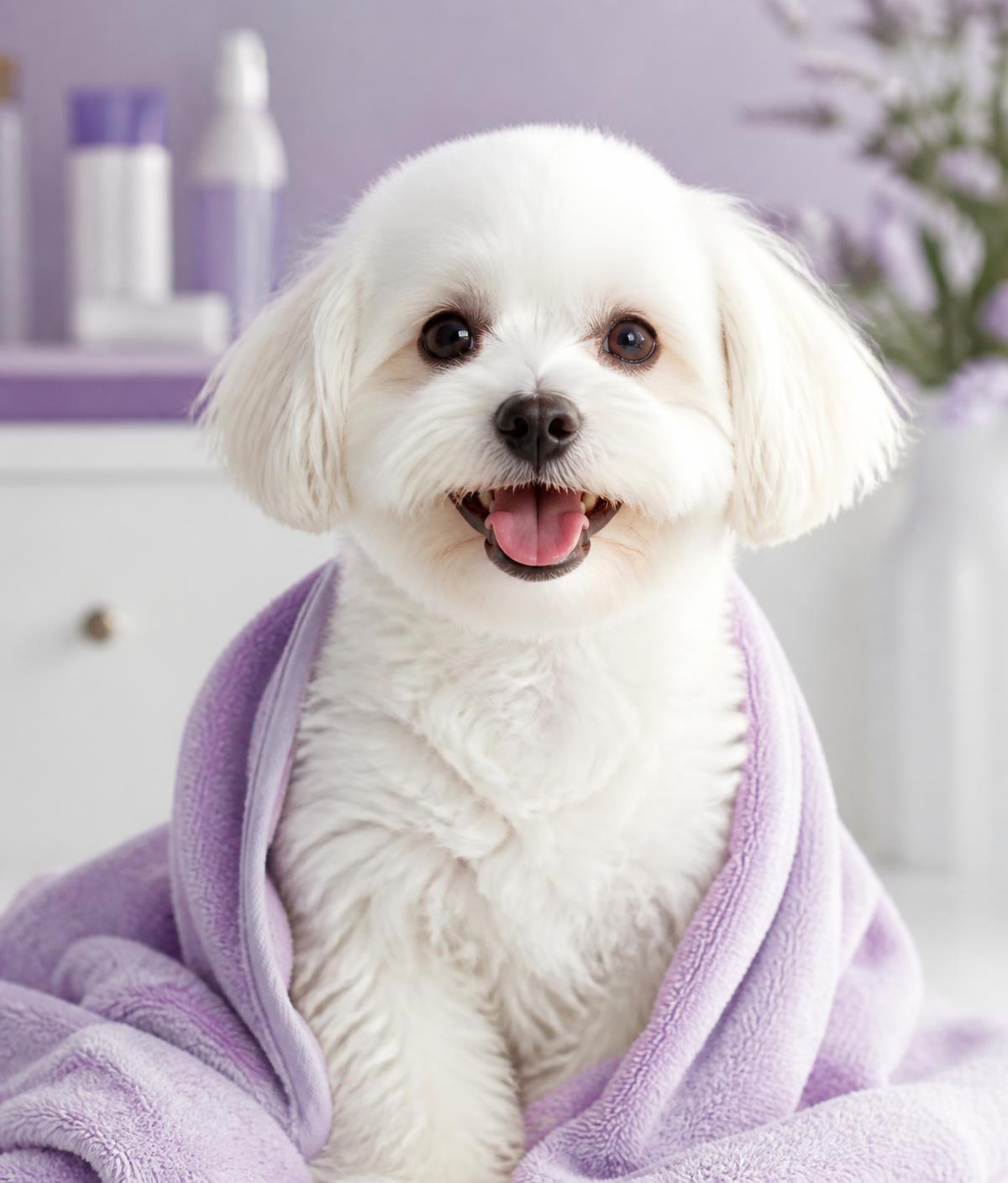 Cachorro branco felizinho, limpo e enrolado em uma toalha lilás após o banho na Pet Shower